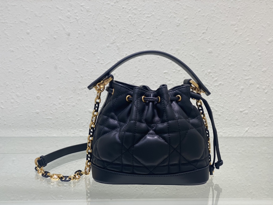 Small Dior Jolie Bucket Bag Black Macrocannage Lambskin and Calfskin